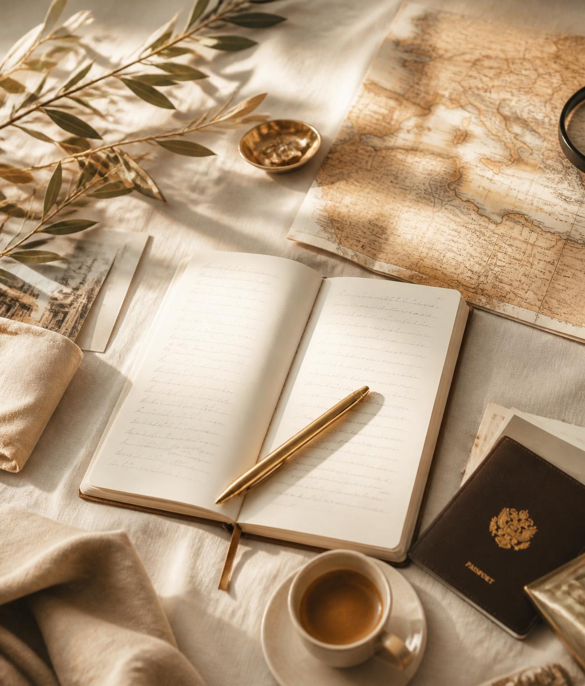 Travel planning desk with an open notebook, gold pen, map and passport in soft daylight
