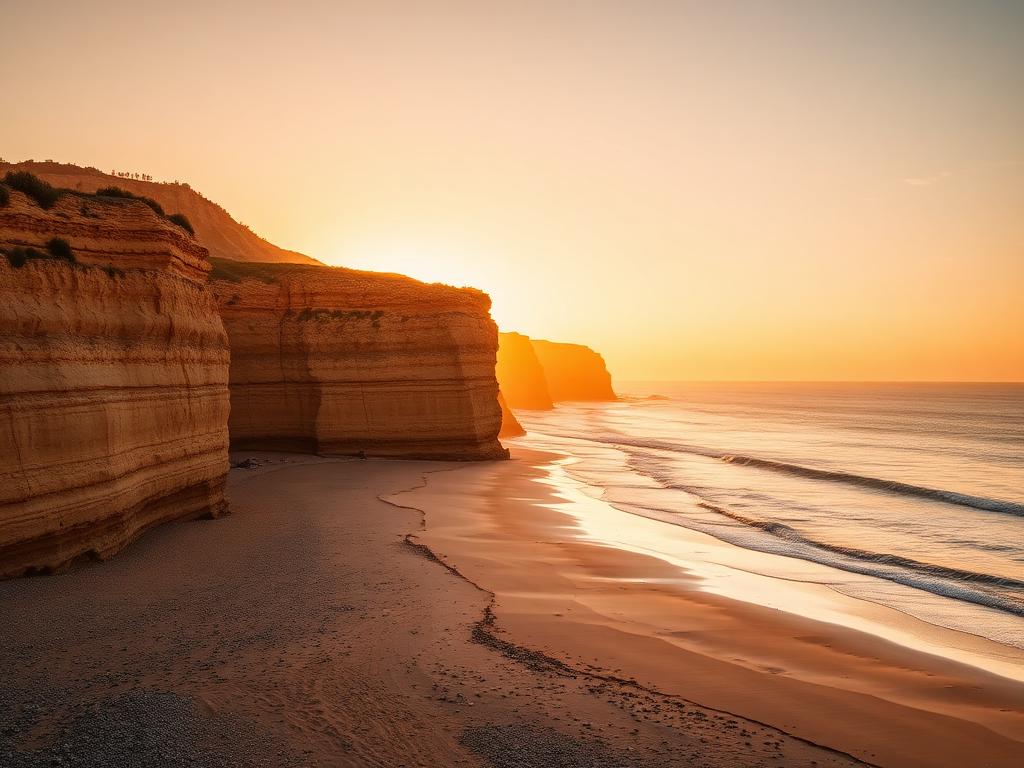 Golden sandstone sea cliffs and quiet Algarve beach at sunset