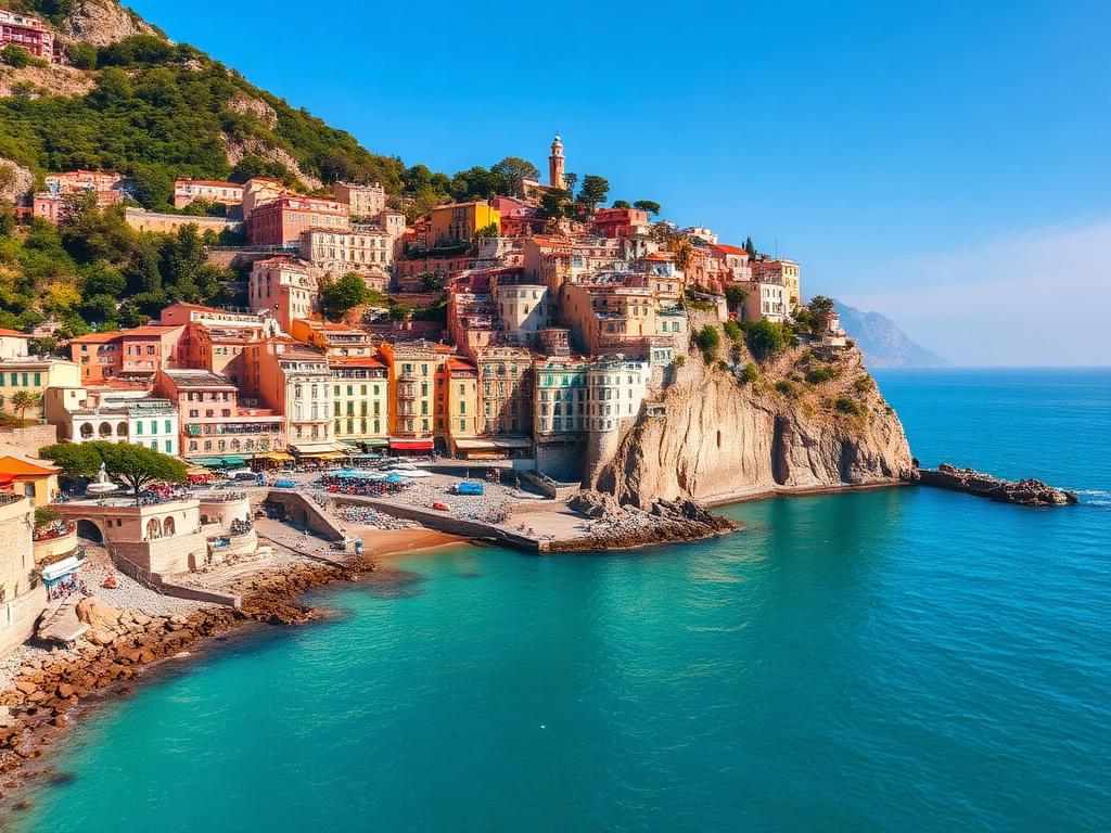 Pastel cliffside village on the Amalfi Coast above turquoise sea