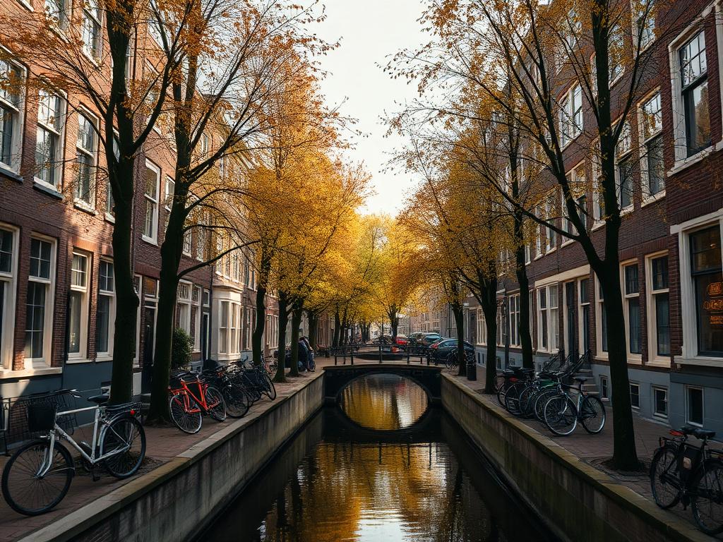 Amsterdam canal lined with gabled houses, bicycles and autumn trees
