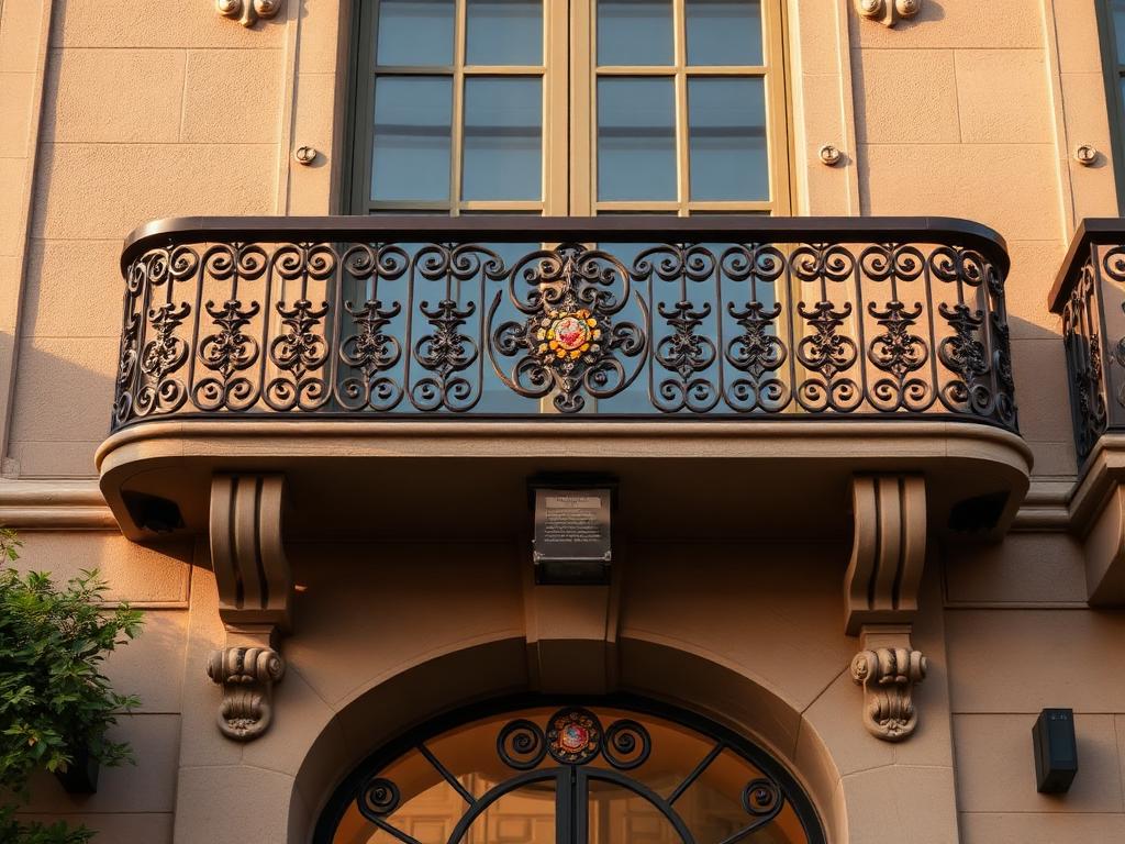 Ornate modernista balcony facade with mosaic and ironwork detail in Barcelona