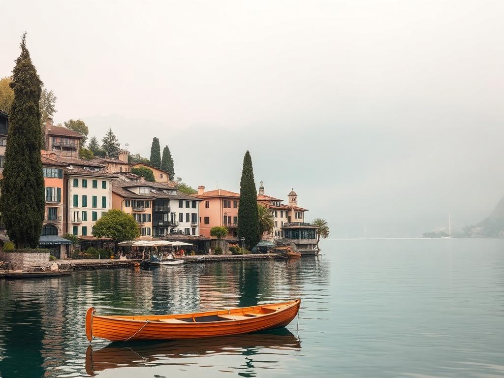 Pastel lakeside villas and cypress trees beside a wooden boat on Lake Como