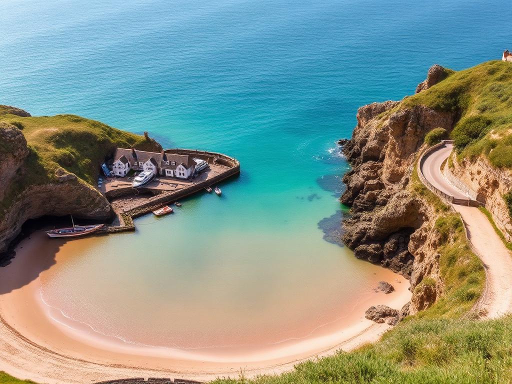 Cornish cove with turquoise water, sandy beach and harbour cottages