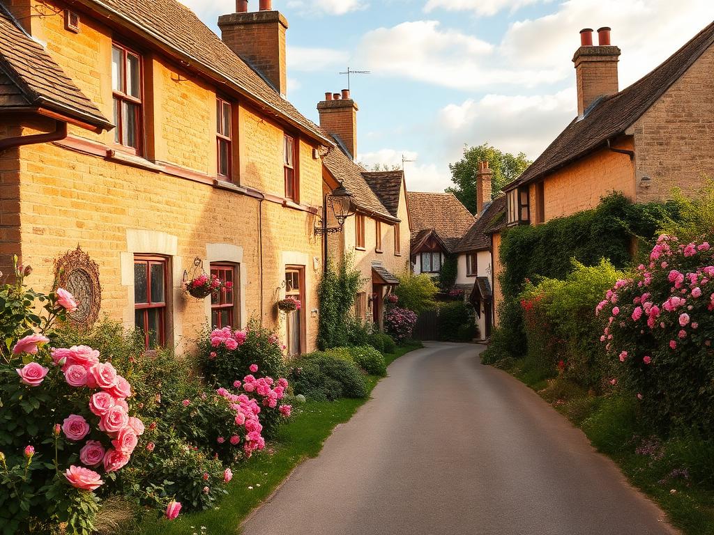 Honey-coloured stone cottages along a Cotswolds village lane with roses