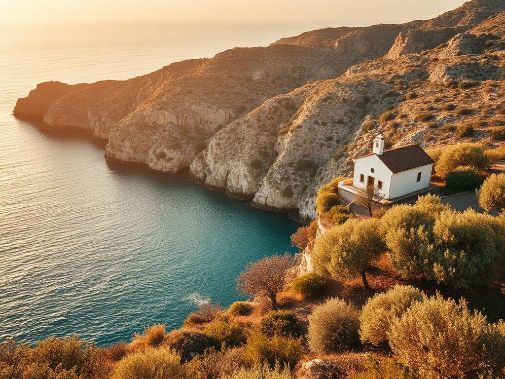 Rugged Cretan coastline with turquoise sea, olive groves and a whitewashed chapel