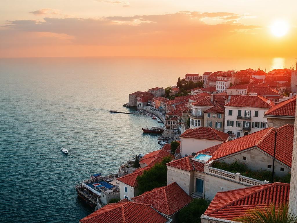 Ancient stone walls and terracotta rooftops of Dubrovnik above the Adriatic at sunset