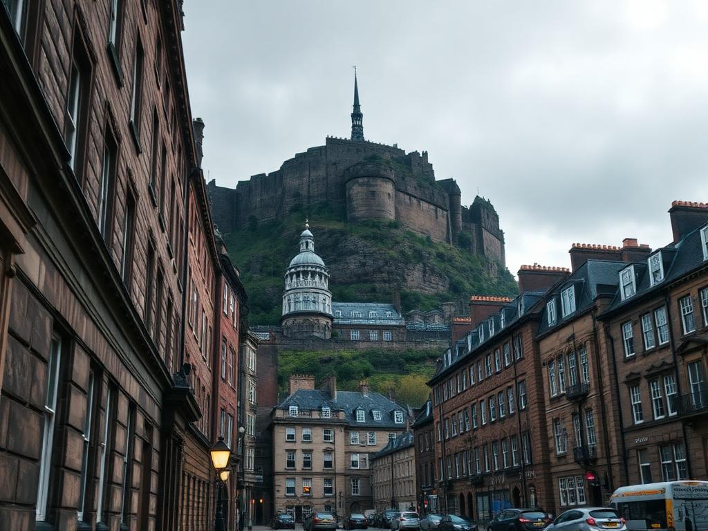 Edinburgh Castle above Georgian stone streets under soft grey light