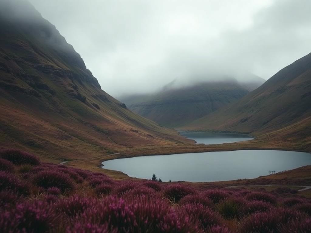 Scottish Highland glen with heather, a loch and mist over the mountains