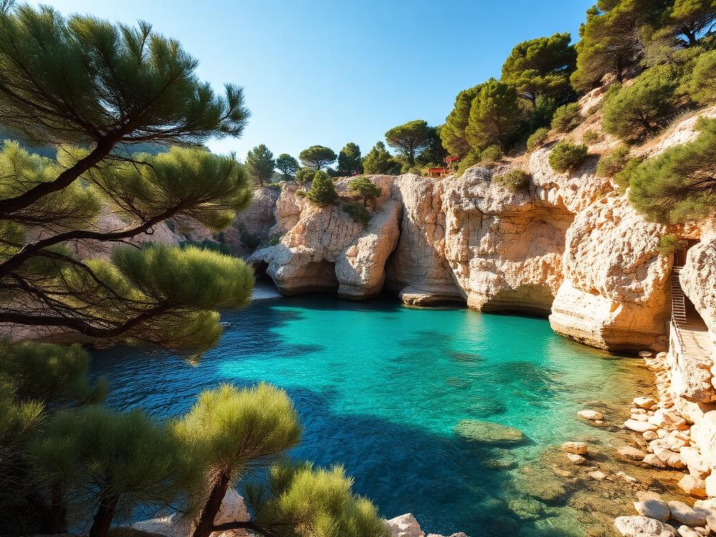 Hidden Mallorcan cove with pine trees, limestone cliffs and clear turquoise water