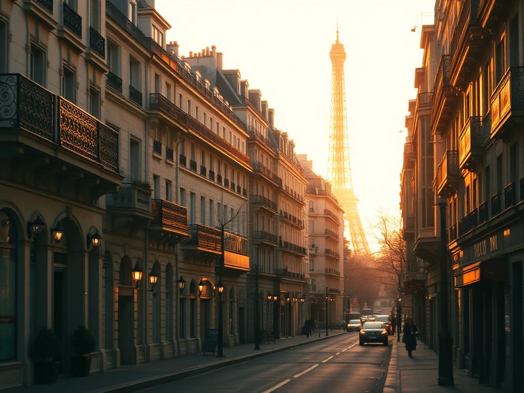 Haussmann boulevard in Paris at golden hour with the Eiffel Tower in the distance