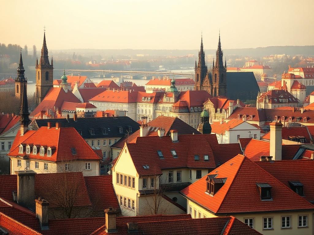 Red rooftops and baroque spires of Prague above the Vltava river
