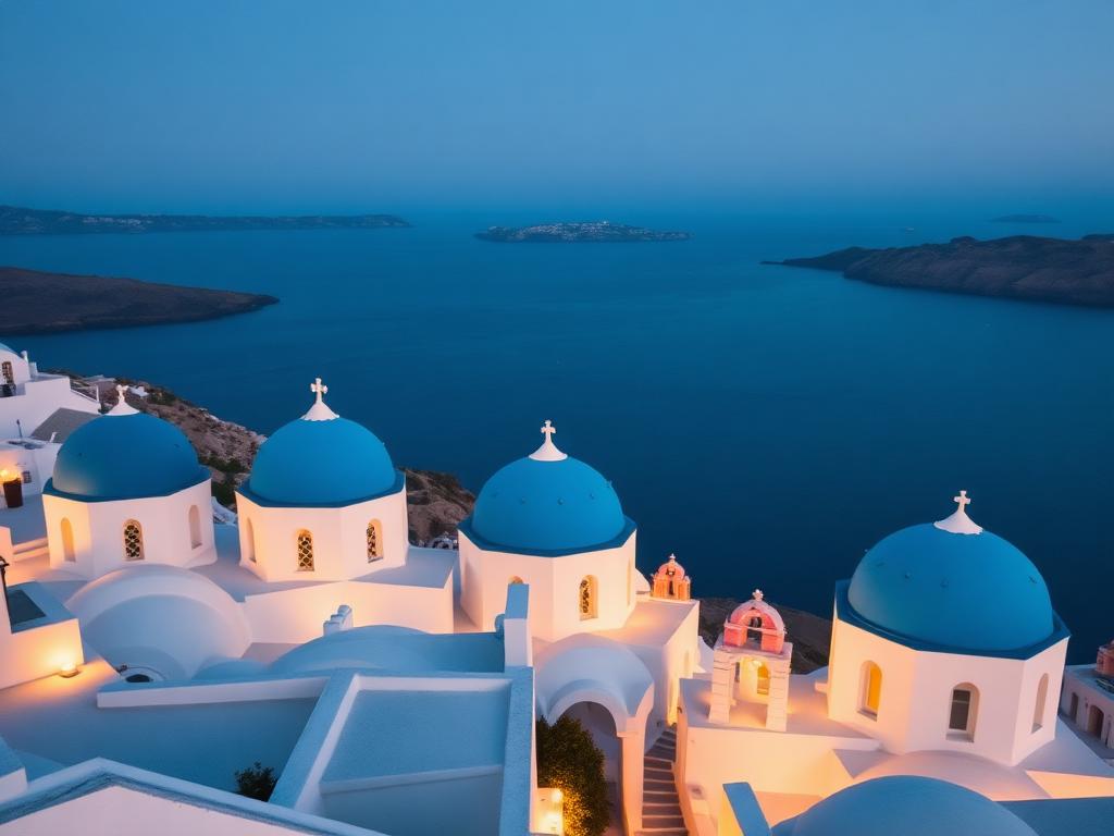 Whitewashed terraces and blue domes above the Santorini caldera at dusk