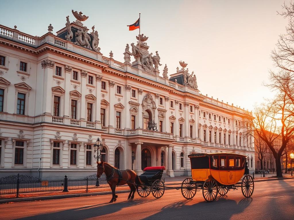 Grand Habsburg-era palace facade with a horse-drawn carriage in Vienna at golden hour