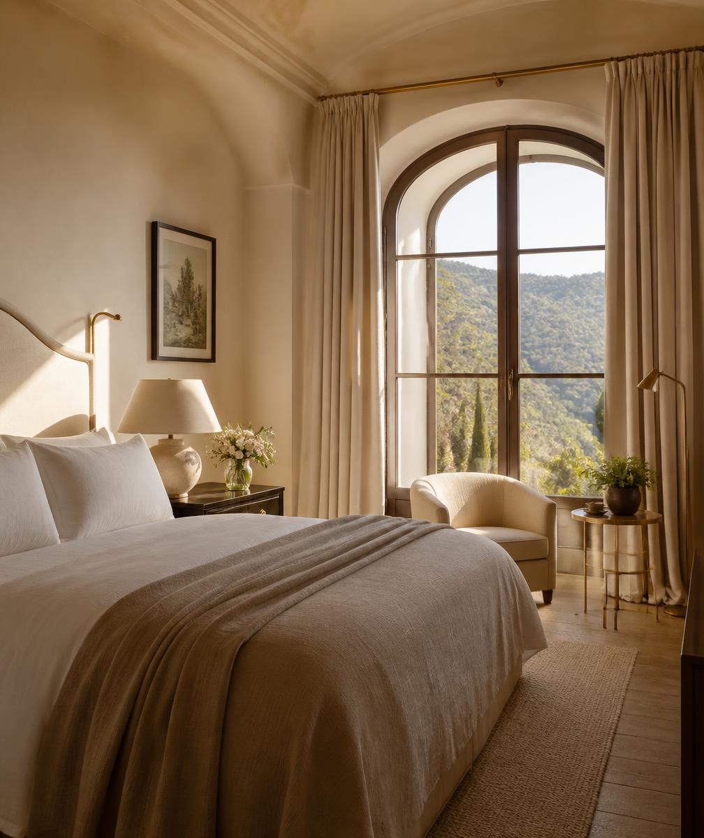 Elegant boutique hotel bedroom with linen bedding and an arched window over the hills