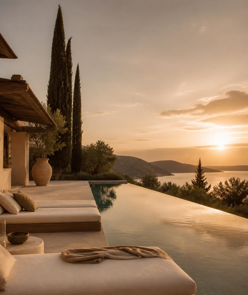 Infinity pool terrace at a hillside villa overlooking the sea at dusk