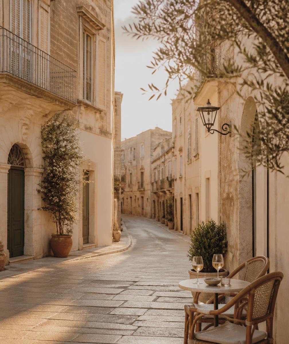 Quiet European old-town street at golden hour with a café table for two